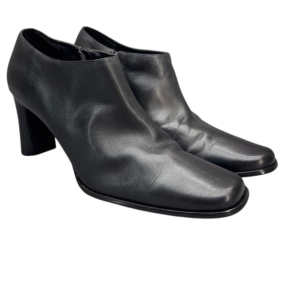 Details Black Leather Side Zip 3" Heel Ankle Bootie Women 9.5B